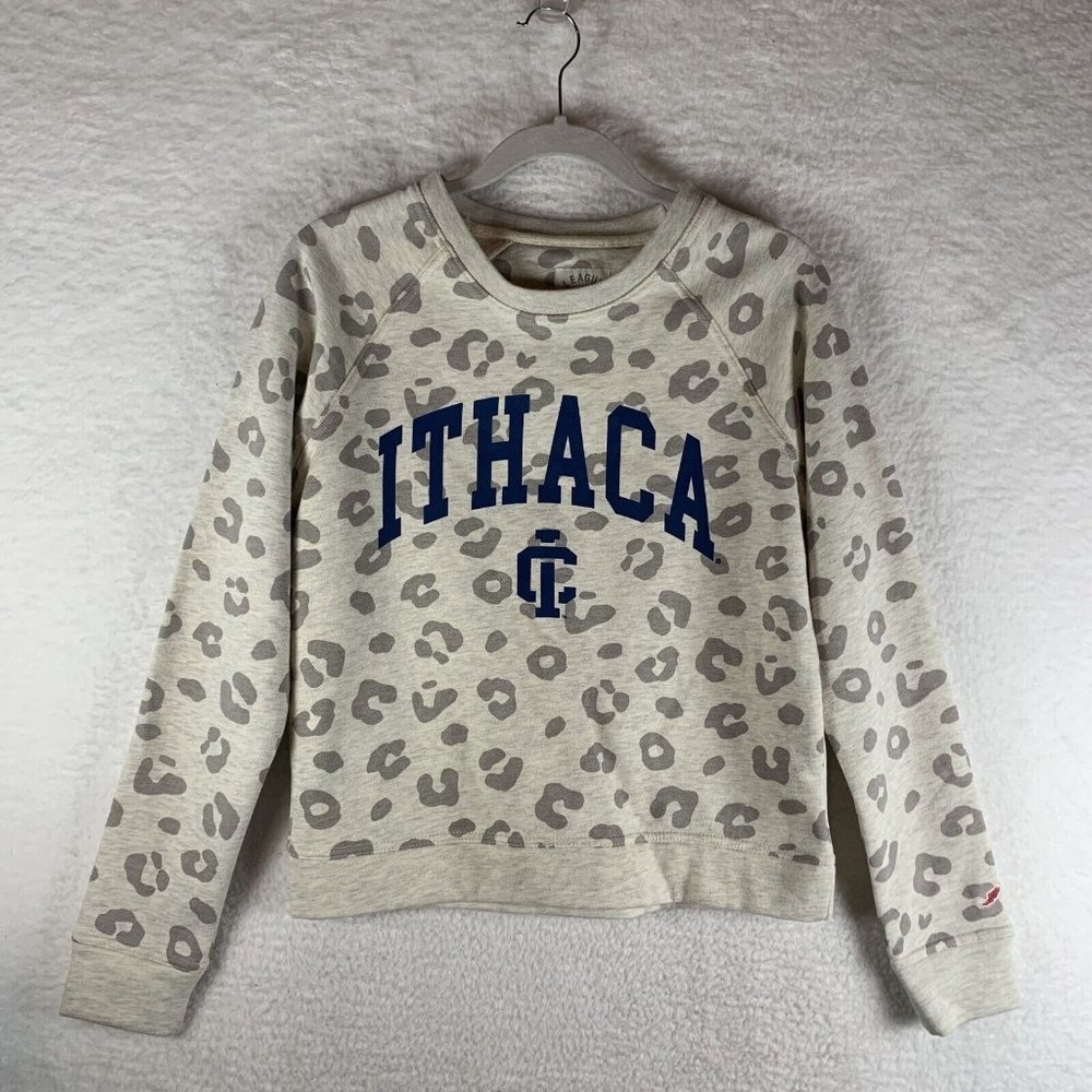 League Sweatshirt Ithaca Women's Small Gray Printed Raglan Long Sleeve Crew 7754